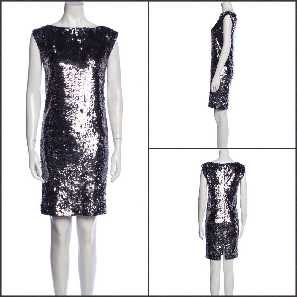 Alice + Olivia Gunmetal Silver Sequin Bateau Neck Sheath Party Dress Size S